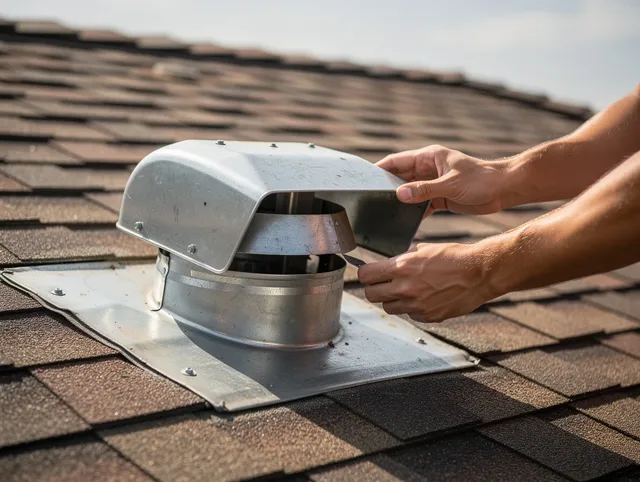 St. Simons Dryer Vent Cleaning certified technician safely cleaning a roof-mounted dryer vent in St. Simons