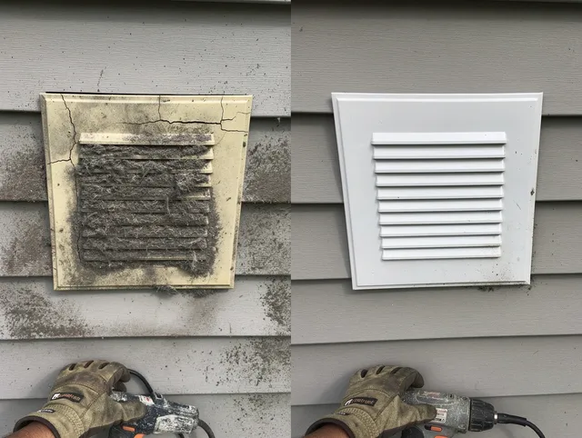 St. Simons Dryer Vent Cleaning technician installing high-quality dryer vent cover at a residential property in St. Simons