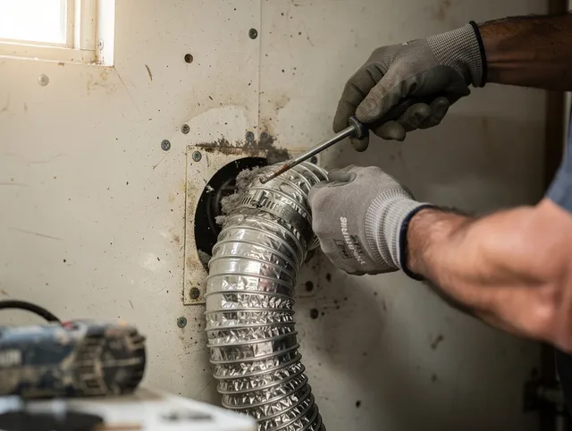 St. Simons Dryer Vent Cleaning technician performing precise dryer vent hose installation in St. Simons